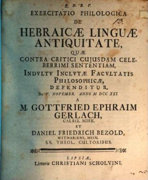 Exercitatio philol. de Hebraicae linguae antiquitate