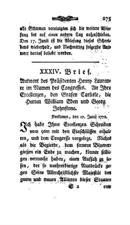 XXXIV. Brief - Antwort des Präsidenten Lawrence im Namen des Congresses