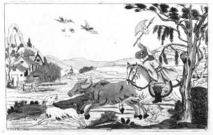 Büffeljagd : Büffeljagd. Illustration aus "Inventions Chinoises", Bd. XIV, Blatt 49. Kupferstich, Radierung, koloriert; 16 x 25,2 cm. Dresden: Kupferstich-Kabinett in B 1156, 2