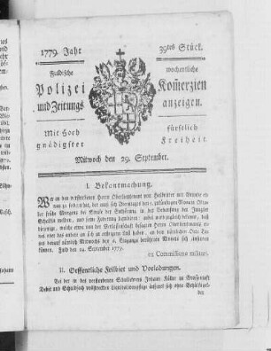 39tes Stück., Ausgabe vom 29. September 1779