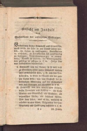 Absicht und Innhalt des Wochenblatts des aufrichtigen Volksarztes