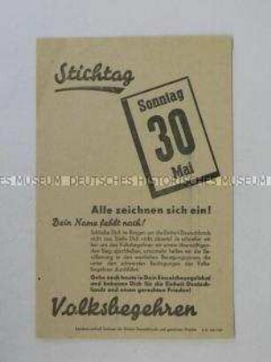 Propagandaflugblatt mit der Aufforderung zur Einzeichnung zum Volksbegehren für die deutsche Einheit