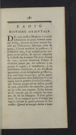 Zadig, Histoire orientale.
