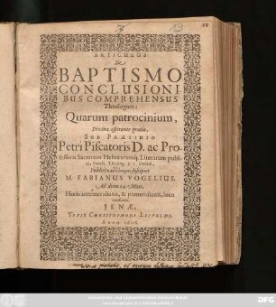 Articulus De Baptismo Conclusionibus Comprehensus Theologicis