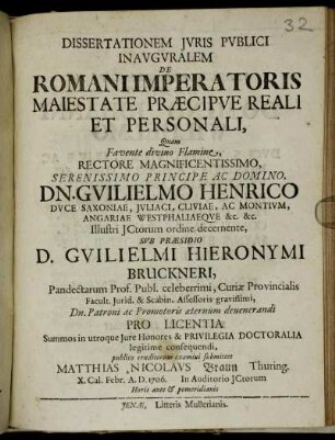 Dissertationem Jvris Pvblici Inavgvralem De Romani Imperatoris Maiestate Præcipve Reali Et Personali