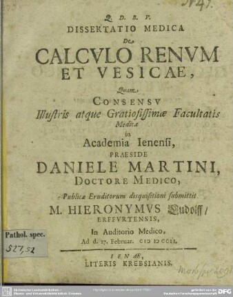Dissertatio Medica De Calculo Renum Et Vesicae