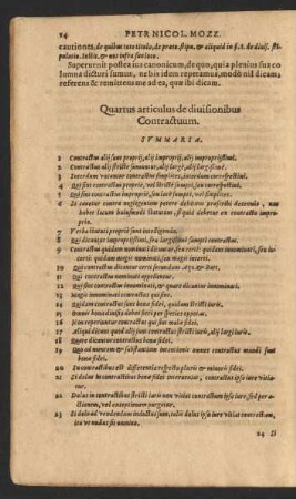 Quartus articulus de divisionibus Contractuum. Summaria.