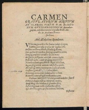 Carmen Gratulatorium Scriptum Ad Clariss. Virum Martinum Guttembergerum Rotembergensem ...