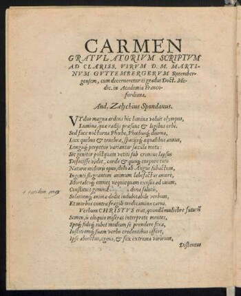 Carmen Gratulatorium Scriptum Ad Clariss. Virum Martinum Guttembergerum Rotembergensem ...