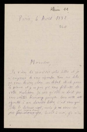 Nr. 9 (= Nr. 360) Brief von Henri Poincaré an Felix Klein. Paris, 4.4.1882