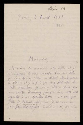 Nr. 9 (= Nr. 360) Brief von Henri Poincaré an Felix Klein. Paris, 4.4.1882