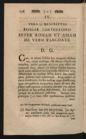 IV. Vera (a) Descriptio Priscae Contentionis Inter Roman Et Asiam De Vero Paschate