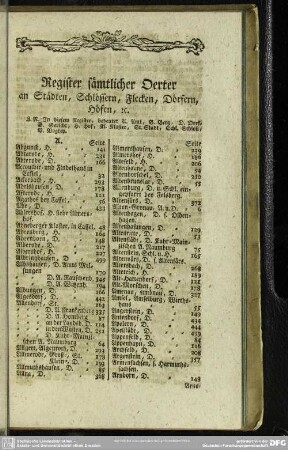 Register sämtlicher Oerter an Städten, Schlössern, Flecken, Dörfern, Höfen, etc.