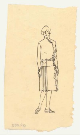 Kleiderstudie : Figurine mit seitlich in Falten gelegtem Rock und und einer Volantverzierung, dazu eine Jacke mit Stehkragen und einer passenden Volantverzierung