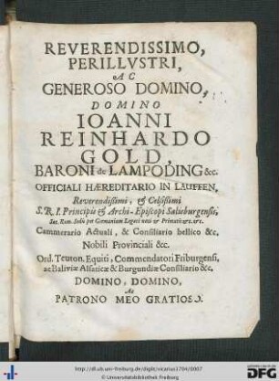 Reverendissimo, Perillustri Ac Generoso Domino, Domino Ioanni Reinhardo Gold ...