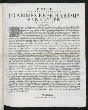 Ephorus Illustris Collegii Joannes Eberhardus Varnbyler Ab Hemmingen. Lectoribus Salutem