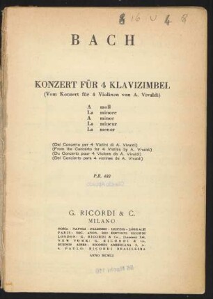 Konzert für 4 Klavizimbel : (Vom Konzert für 4 Violinen von A. Vivaldi) : A moll