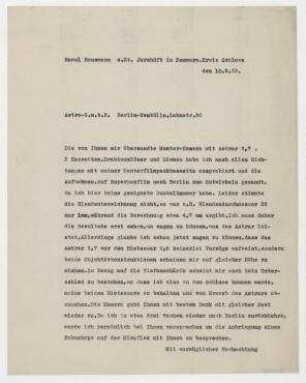 Brief von Raoul Hausmann an Astro-Gesellschaft m.b.H. Jershöft