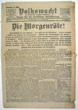 Regionale soziademokratische Tageszeitung "Volkswacht" zur Lage in Deutschland und an den Fronten am Vorabend des Sturzes der Monarchie