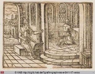 Hanna betet vor dem Heiligtum, während Eli vor dem Eingang des Tempels sitzt.