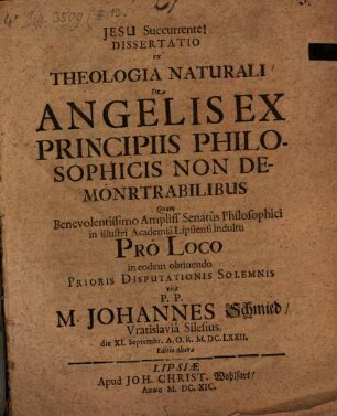 Dissertatio ex theologia naturali de angelis ex principiis philosophicis non demonstrabilibus