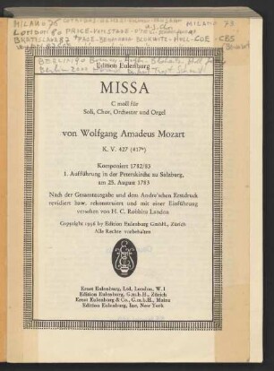 Missa C moll für Soli, Chor, Orchester und Orgel : K.V. 427 (417a)