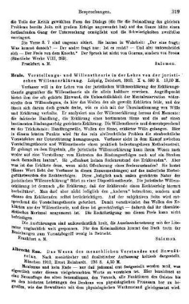 319-320, Albrecht Rau. Das Wesen des menschlichen Verstandes und Bewußtseins. Nach monistischer und dualistischer Auffassung kritisch dargestellt. 1910