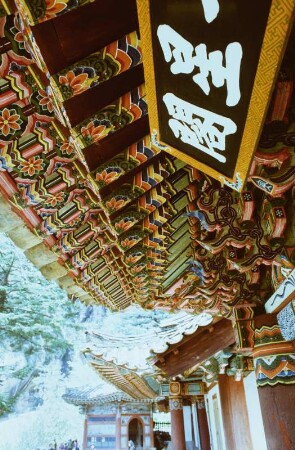 Bemalte Dachkonstruktion vermutlich in einem buddhistischen Tempel