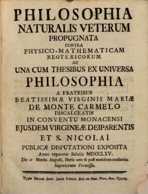Philosophia naturalis veterum : propugnata contra physico-mathematicam neotericorum ...