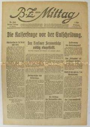 Berliner Tageszeitung "B.Z. am Mittag" vom Vorabend des Sturzes der Monarchie