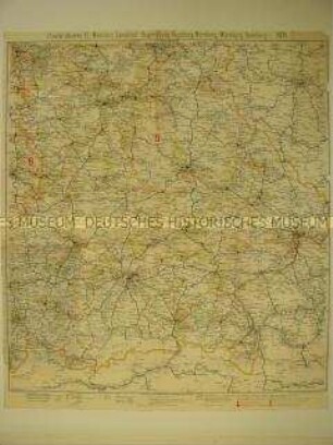 Verwaltungskarte mit den Postleitgebieten München, Landshut, Regensburg, Augsburg, Nürnberg