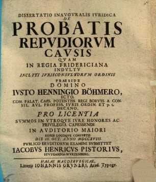 Dissertatio Inavgvralis Ivridica De Probatis Repvdiorvm Cavsis