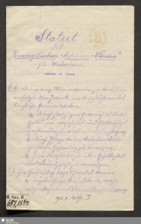 Statut des "Evangelischen Männer-Vereins" zu Waldheim : [Unterzeichnet:] Waldheim, 11. Februar 1900