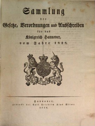 Sammlung der Gesetze, Verordnungen und Ausschreiben für das Königreich Hannover : vom Jahre .... 1828
