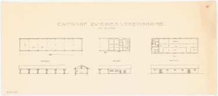 Vereinshaus Monatskonkurrenz Dezember 1920: 2 Ställe und 1 Remise in Grundriss, Aufriss Vorderansicht, 1 Querschnitt
