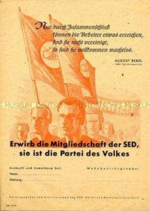 Illustriertes Propagandablatt der SED mit einem Zitat von August Bebel und Mitgliederwerbung