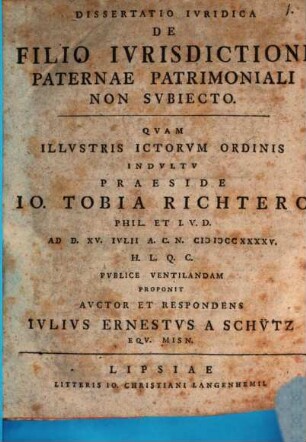 Diss. iur. de filio, iurisdictioni paternae patrimoniali non subiecto