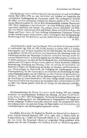 Davids, Curt :: Das Schloß Reinbek, (Stormarner Hefte, 2) : 2. Aufl., Neumünster, Wachholtz, 1987