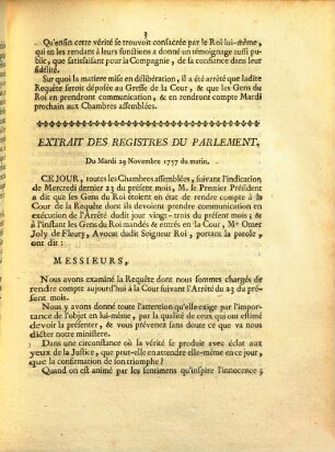Extrait Des Registres Du Parlement : Du Mercredi 23 Novembre 1757 du matin