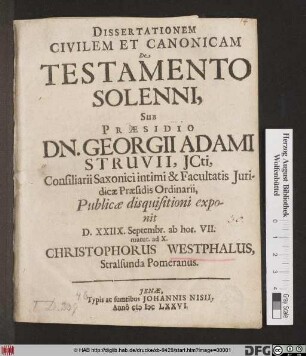 Dissertationem Civilem Et Canonicam De Testamento Solenni