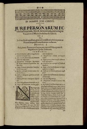 Liber I. De Jure Personarum Ecclesiasticarum, sive Clericorum, eorumque Vocatione, Officiis, Reditibus & Salariis.