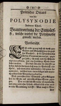Anderer Theil. Beantwortung der Einwürffe, welche wieder die Polysynodie gemacht werden.