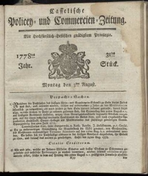 31tes Stueck, Montag den 3ten August. 1778