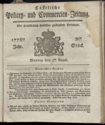 31tes Stueck, Montag den 3ten August. 1778