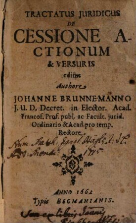 Tractatus Juridicus De Cessione Actionum & Versuris