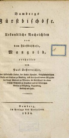 Bambergs Fürstbischöfe : urkundliche Nachrichten von dem Fürstbischofe, Mangold