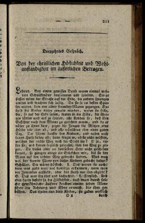 Dreyzehntes Gespräch. Von der christlichen Höflichkeit und Wohlanständigkeit im äußerlichen Betragen