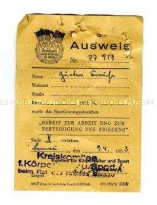 Ausweis zum Sportleistungsabzeichen "Bereit zur Arbeit und zur Verteidigung des Friedens", Stufe II