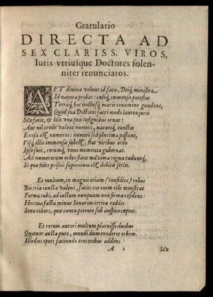 Gratulatio Directa Ad Sex Clariss. Viros, Iuris utriusque Doctores solenniter renunciatos.