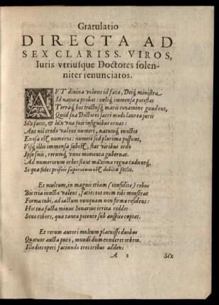 Gratulatio Directa Ad Sex Clariss. Viros, Iuris utriusque Doctores solenniter renunciatos.